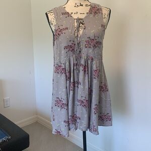 Free People Babydoll Empire Waist Mini Dress  Gray and Purple Floral Size Small